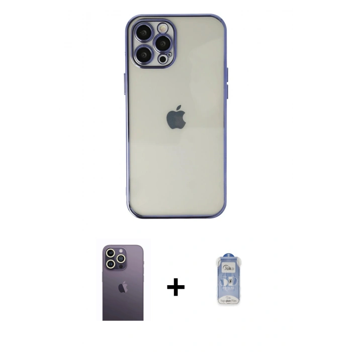 MARSİLYAN™- iPhone 12 Pro Max Kılıf Vadi Minimal - Siyah Joko Magic 5D Cam + Beyaz Neon Fosforlu Kamera Lens