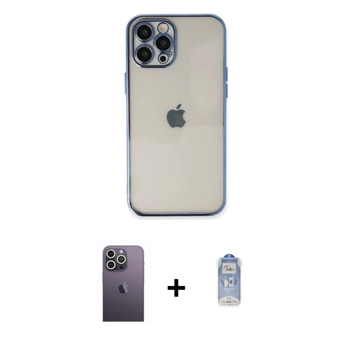 MARSİLYAN™- iPhone 12 Pro Max Kılıf Vadi Minimal - Siyah Joko Magic 5D Cam + Beyaz Neon Fosforlu Kamera Lens