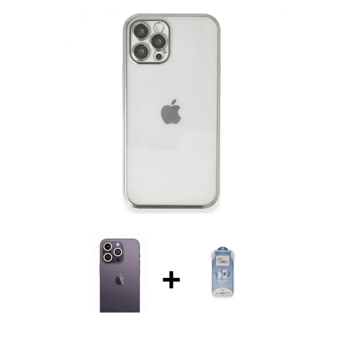 MARSİLYAN™- iPhone 12 Pro Max Kılıf Vadi Minimal - Siyah Joko Magic 5D Cam + Beyaz Neon Fosforlu Kamera Lens