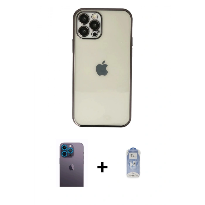 MARSİLYAN™- iPhone 12 Pro Max Kılıf Vadi Minimal - Siyah Joko Magic 5D Cam + Neon Fosforlu Kamera Lens - MI