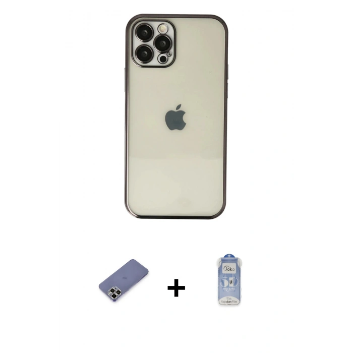 MARSİLYAN™- iPhone 12 Pro Max Kılıf Vadi Minimal - Siyah Joko Magic 5D Cam + Metal Kamera Lens Koruma Cam - GD