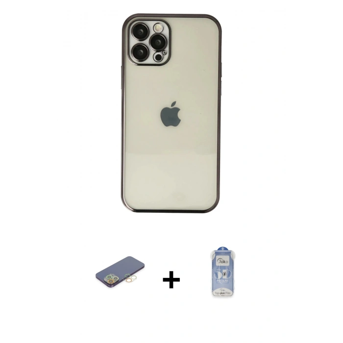 MARSİLYAN™- iPhone 12 Pro Max Kılıf Vadi Minimal - Siyah Joko Magic 5D Cam + Renkli Kamera Lens Koruma Cam - SI