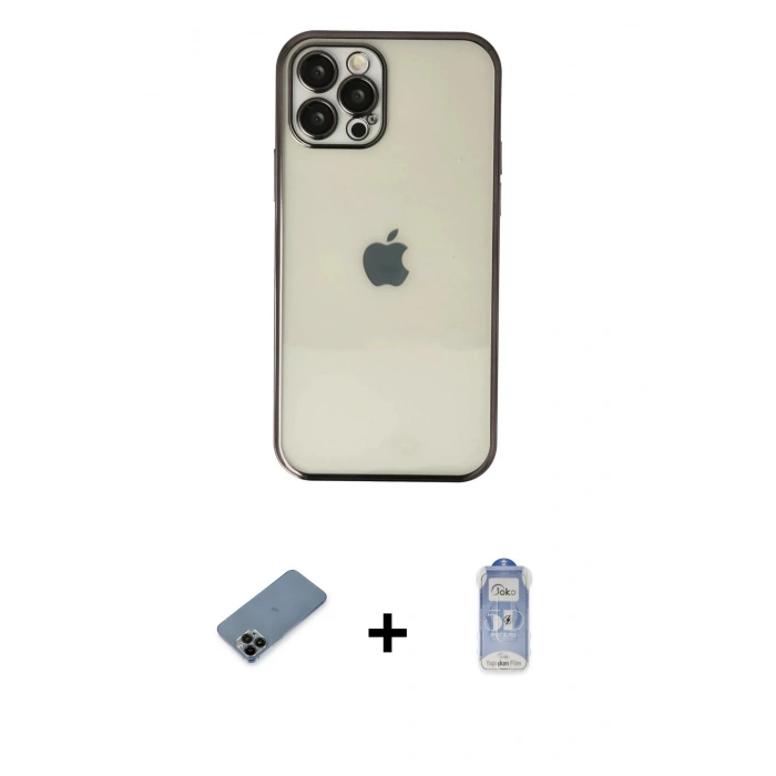 MARSİLYAN™- iPhone 12 Pro Max Kılıf Vadi Minimal - Siyah Joko Magic 5D Cam + Siyah Shine Kamera Lens Koruma Cam