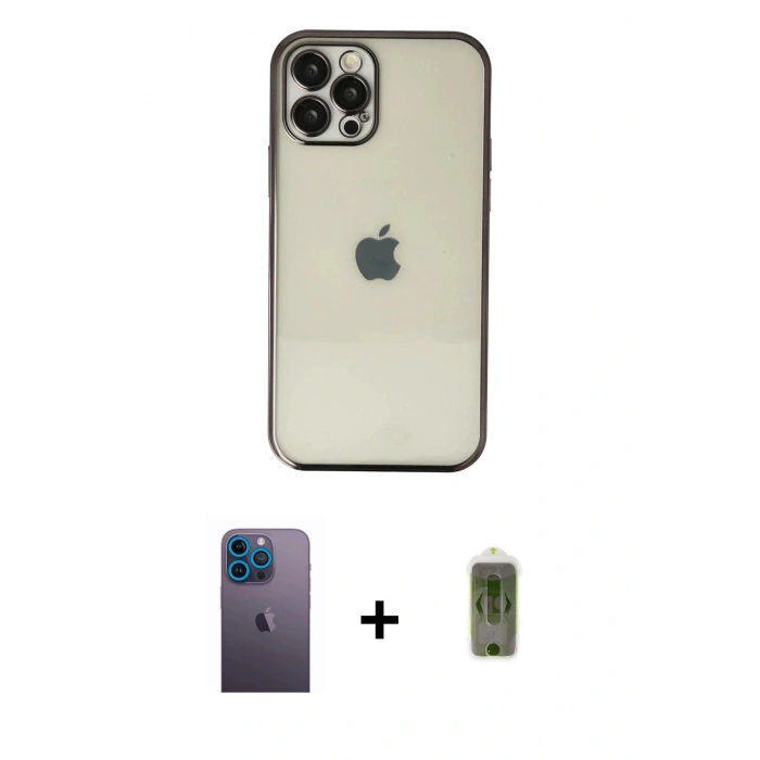 MARSİLYAN™- iPhone 12 Pro Max Kılıf Vadi Minimal - Siyah Joko Magic 5D Hayalet Cam + Neon Fosforlu Kamera Lens - MI