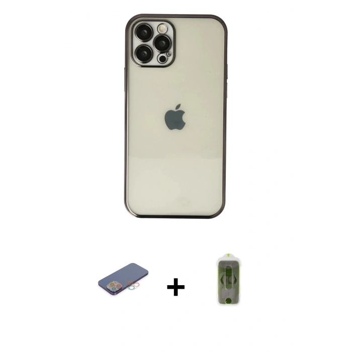 MARSİLYAN™- iPhone 12 Pro Max Kılıf Vadi Minimal - Siyah Joko Magic 5D Hayalet Cam + Renkli Kamera Lens Koruma Cam - PE