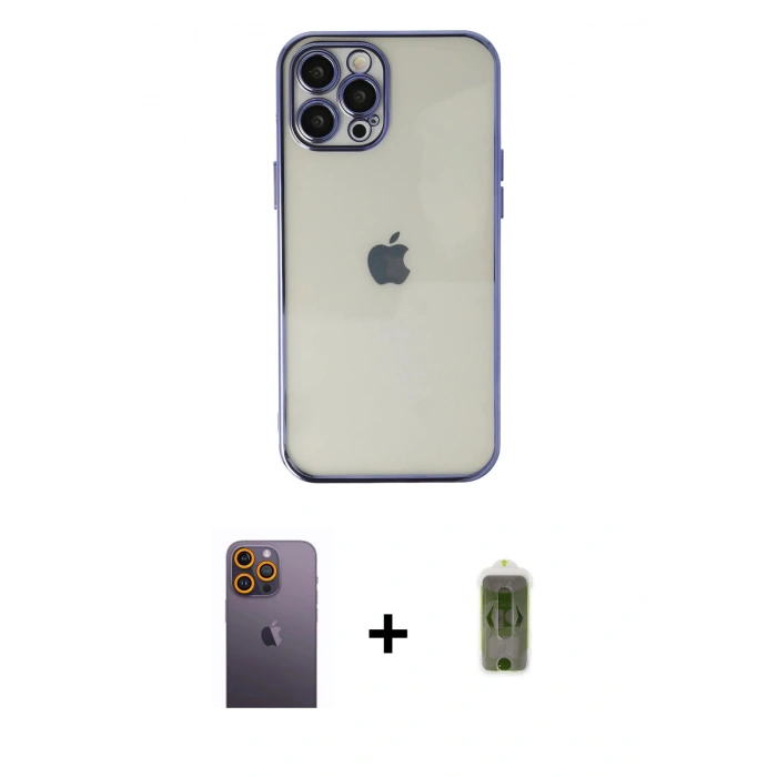 MARSİLYAN™- iPhone 12 Pro Max Kılıf Vadi Minimal - Siyah Joko Magic 5D Hayalet Cam + Sarı Neon Fosforlu Kamera Lens