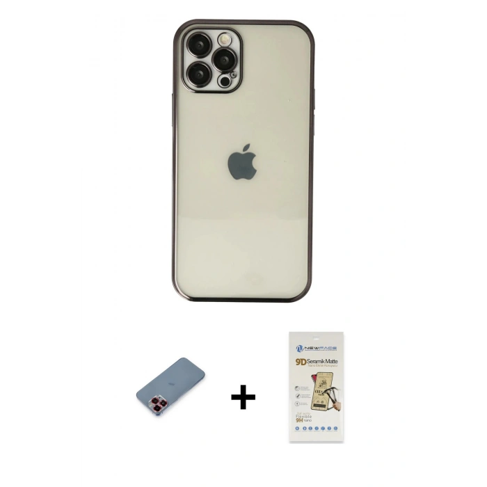 MARSİLYAN™- iPhone 12 Pro Max Kılıf Vadi Minimal - Siyah Mat Seramik Nano Ekran Koruyucu + Metal Kamera Lens Koruma Cam - KI
