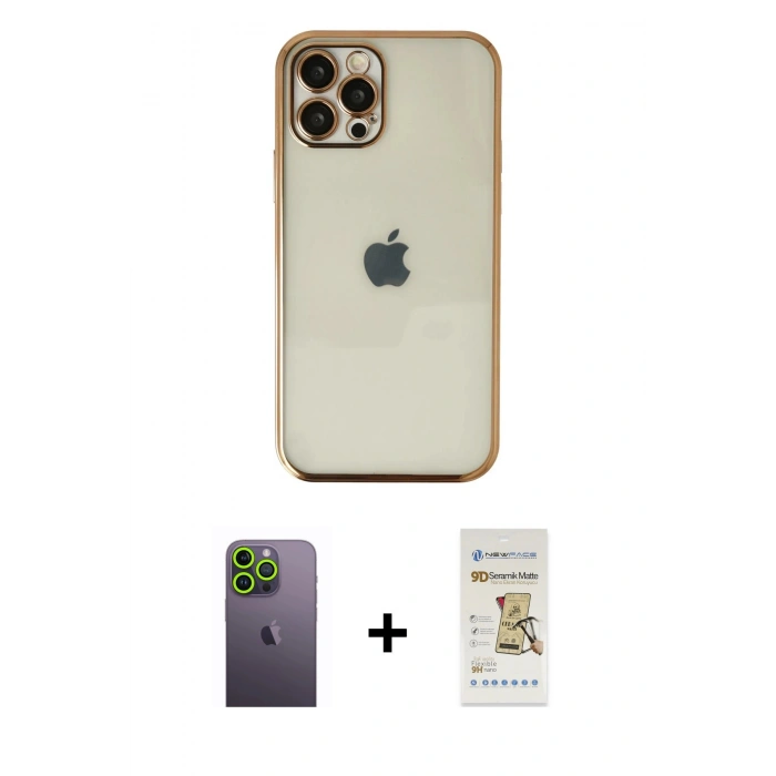 MARSİLYAN™- iPhone 12 Pro Max Kılıf Vadi Minimal - Siyah Mat Seramik Nano Ekran Koruyucu + Neon Fosforlu Kamera Lens - YL
