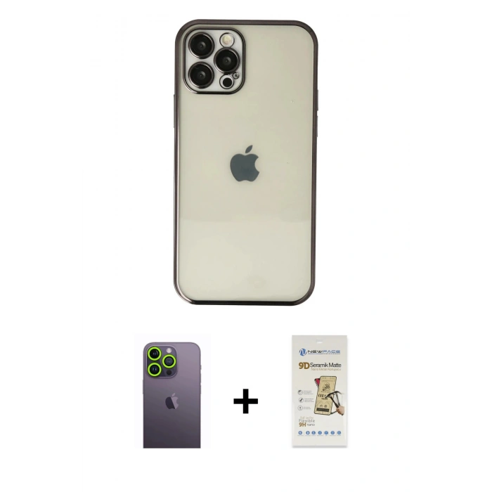 MARSİLYAN™- iPhone 12 Pro Max Kılıf Vadi Minimal - Siyah Mat Seramik Nano Ekran Koruyucu + Neon Fosforlu Kamera Lens - YL