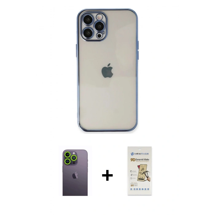 MARSİLYAN™- iPhone 12 Pro Max Kılıf Vadi Minimal - Siyah Mat Seramik Nano Ekran Koruyucu + Neon Fosforlu Kamera Lens - YL