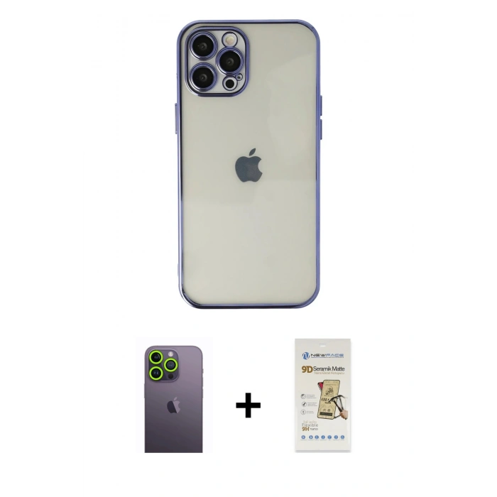 MARSİLYAN™- iPhone 12 Pro Max Kılıf Vadi Minimal - Siyah Mat Seramik Nano Ekran Koruyucu + Neon Fosforlu Kamera Lens - YL