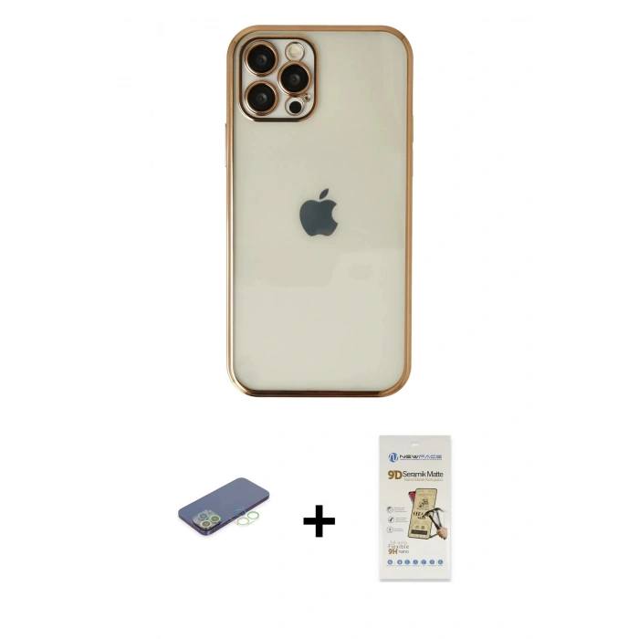 MARSİLYAN™- iPhone 12 Pro Max Kılıf Vadi Minimal - Siyah Mat Seramik Nano Ekran Koruyucu + Renkli Kamera Lens Koruma Cam - YL