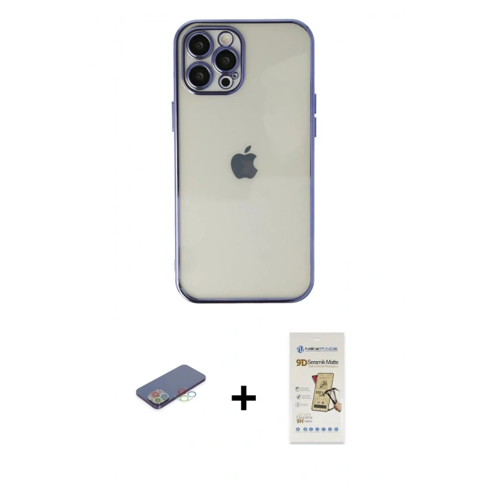 MARSİLYAN™- iPhone 12 Pro Max Kılıf Vadi Minimal - Siyah Mat Seramik Nano Ekran Koruyucu + Renkli Kamera Lens Koruma Cam - MI