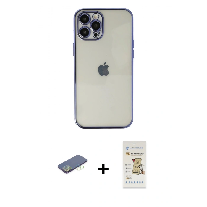 MARSİLYAN™- iPhone 12 Pro Max Kılıf Vadi Minimal - Siyah Mat Seramik Nano Ekran Koruyucu + Renkli Kamera Lens Koruma Cam - YL