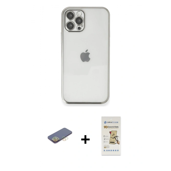 MARSİLYAN™- iPhone 12 Pro Max Kılıf Vadi Minimal - Siyah Mat Seramik Nano Ekran Koruyucu + Renkli Kamera Lens Koruma Cam - SI