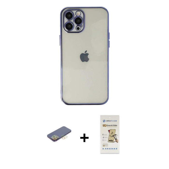 MARSİLYAN™- iPhone 12 Pro Max Kılıf Vadi Minimal - Siyah Mat Seramik Nano Ekran Koruyucu + Renkli Kamera Lens Koruma Cam - SI