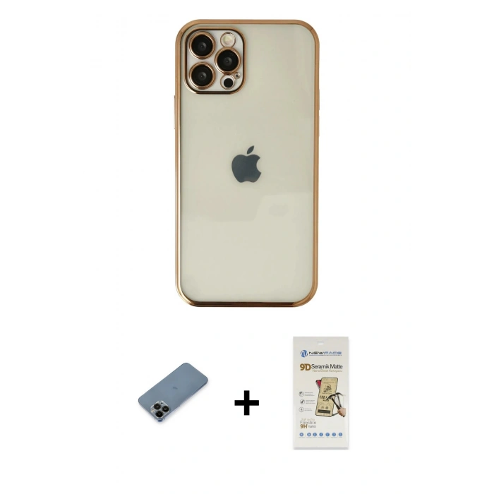 MARSİLYAN™- iPhone 12 Pro Max Kılıf Vadi Minimal - Siyah Mat Seramik Nano Ekran Koruyucu + Shine Kamera Lens Koruma Cam - SH