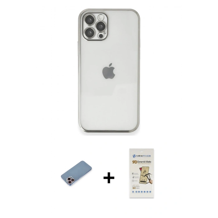 MARSİLYAN™- iPhone 12 Pro Max Kılıf Vadi Minimal - Siyah Mat Seramik Nano Ekran Koruyucu + Shine Kamera Lens Koruma Cam - PE