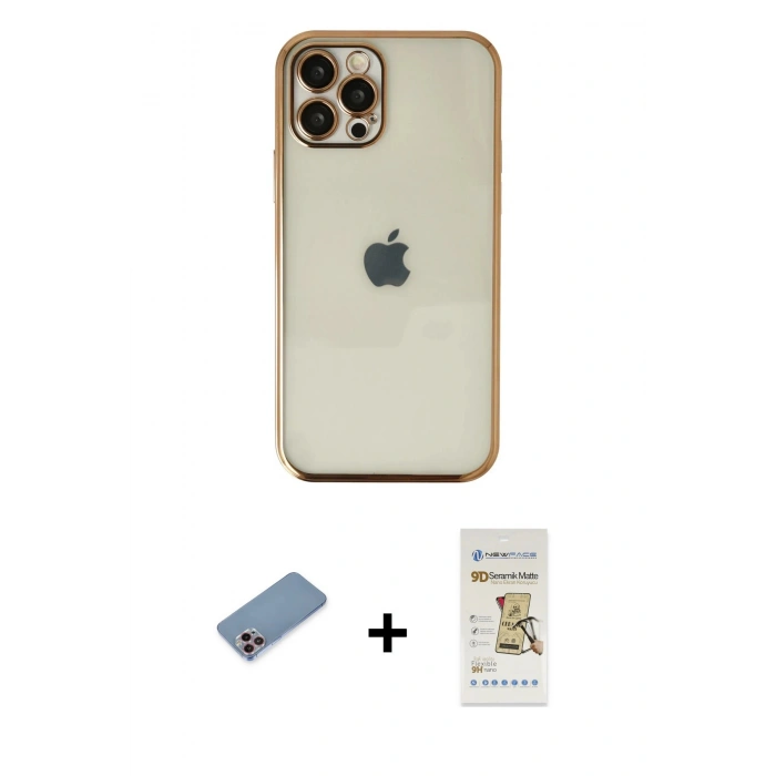 MARSİLYAN™- iPhone 12 Pro Max Kılıf Vadi Minimal - Siyah Mat Seramik Nano Ekran Koruyucu + Shine Kamera Lens Koruma Cam - PE