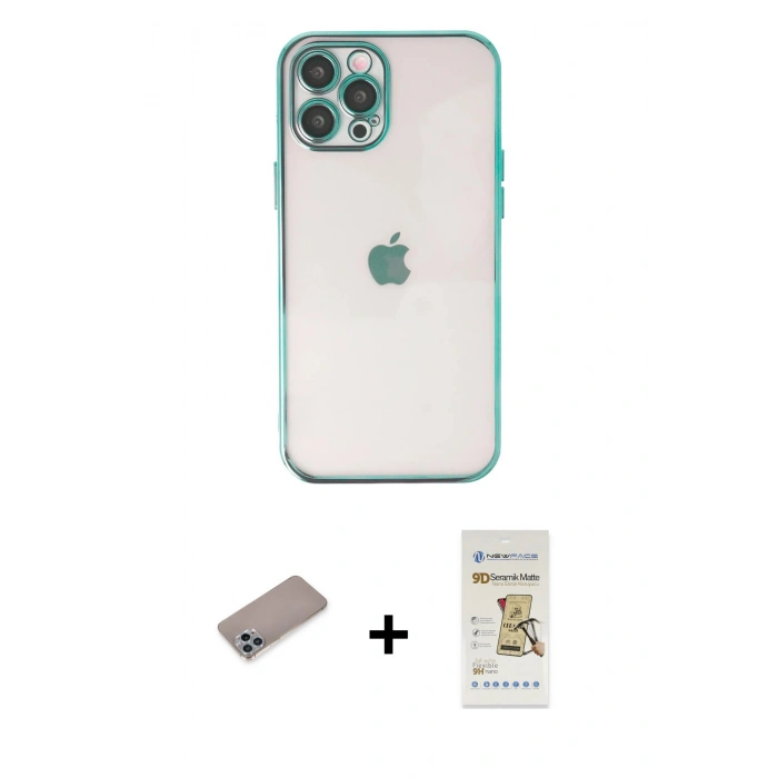 MARSİLYAN™- iPhone 12 Pro Max Kılıf Vadi Minimal - Siyah Mat Seramik Nano Ekran Koruyucu + Shine Kamera Lens Koruma Cam - SABE