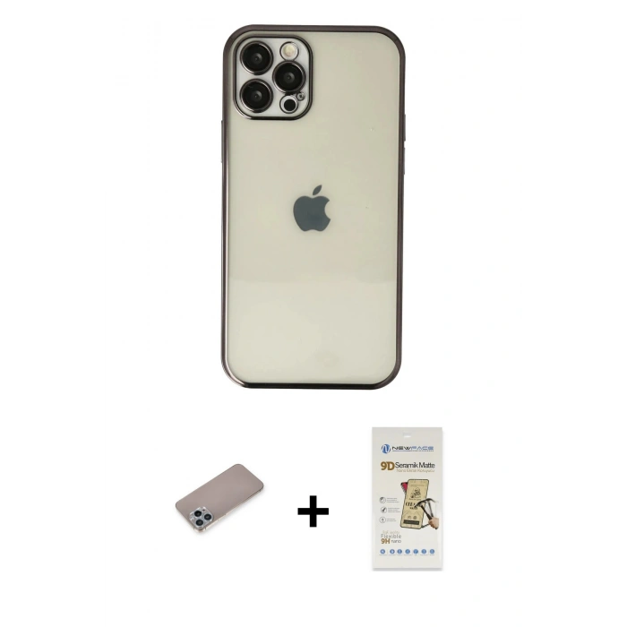 MARSİLYAN™- iPhone 12 Pro Max Kılıf Vadi Minimal - Siyah Mat Seramik Nano Ekran Koruyucu + Shine Kamera Lens Koruma Cam - SABE