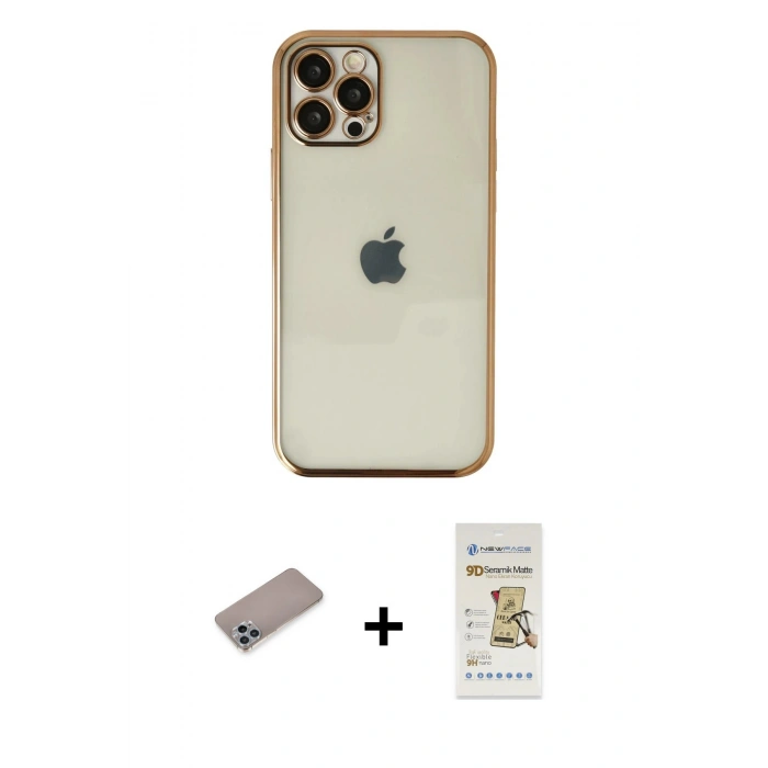 MARSİLYAN™- iPhone 12 Pro Max Kılıf Vadi Minimal - Siyah Mat Seramik Nano Ekran Koruyucu + Shine Kamera Lens Koruma Cam - SABE
