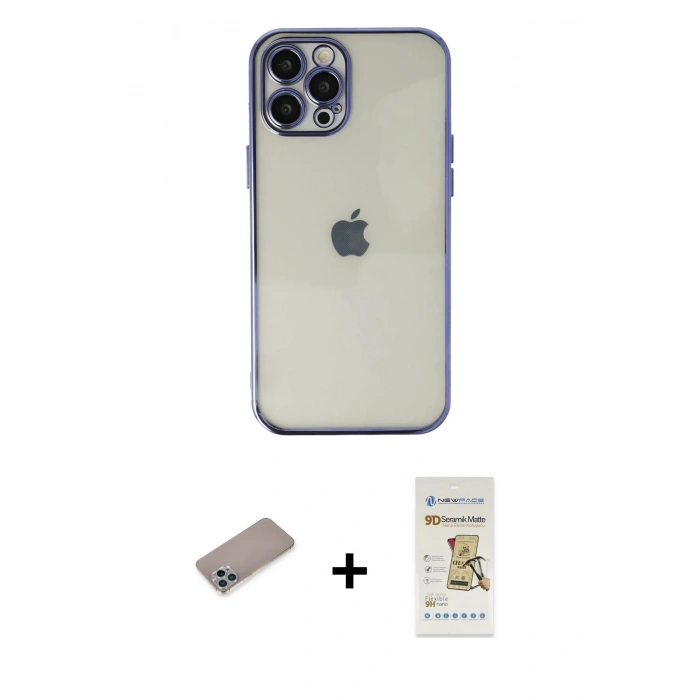 MARSİLYAN™- iPhone 12 Pro Max Kılıf Vadi Minimal - Siyah Mat Seramik Nano Ekran Koruyucu + Shine Kamera Lens Koruma Cam - SABE
