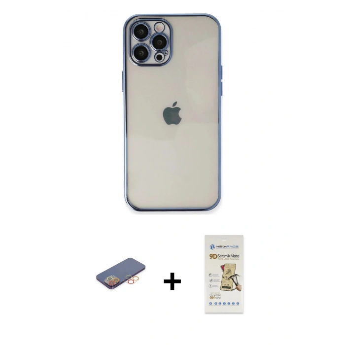 MARSİLYAN™- iPhone 12 Pro Max Kılıf Vadi Minimal - Siyah Mat Seramik Nano Ekran Koruyucu + Turuncu Renkli Kamera Lens Koruma Cam