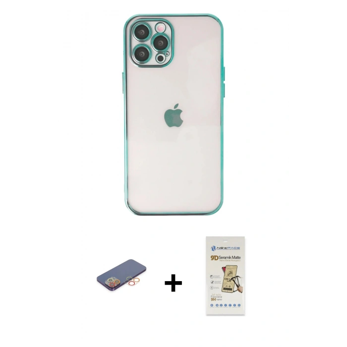 MARSİLYAN™- iPhone 12 Pro Max Kılıf Vadi Minimal - Siyah Mat Seramik Nano Ekran Koruyucu + Turuncu Renkli Kamera Lens Koruma Cam