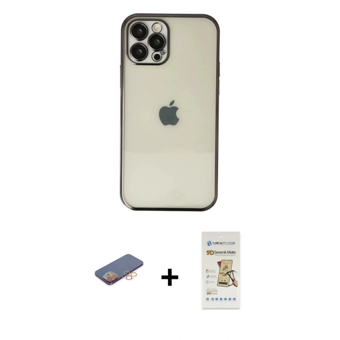 MARSİLYAN™- iPhone 12 Pro Max Kılıf Vadi Minimal - Siyah Mat Seramik Nano Ekran Koruyucu + Turuncu Renkli Kamera Lens Koruma Cam