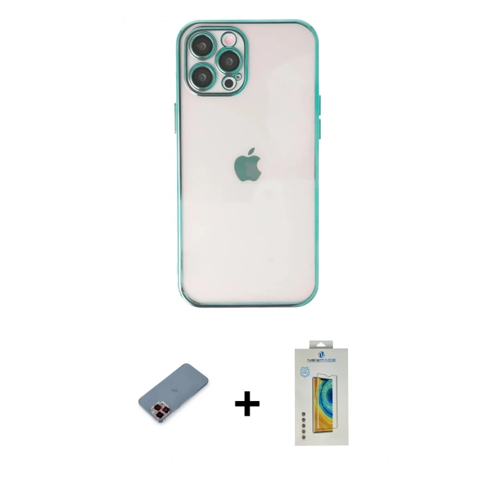MARSİLYAN™- iPhone 12 Pro Max Kılıf Vadi Minimal - Siyah Polymer Nano Ekran Koruyucu + Metal Kamera Lens Koruma Cam - KI