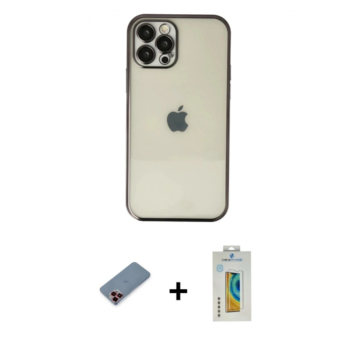 MARSİLYAN™- iPhone 12 Pro Max Kılıf Vadi Minimal - Siyah Polymer Nano Ekran Koruyucu + Metal Kamera Lens Koruma Cam - KI