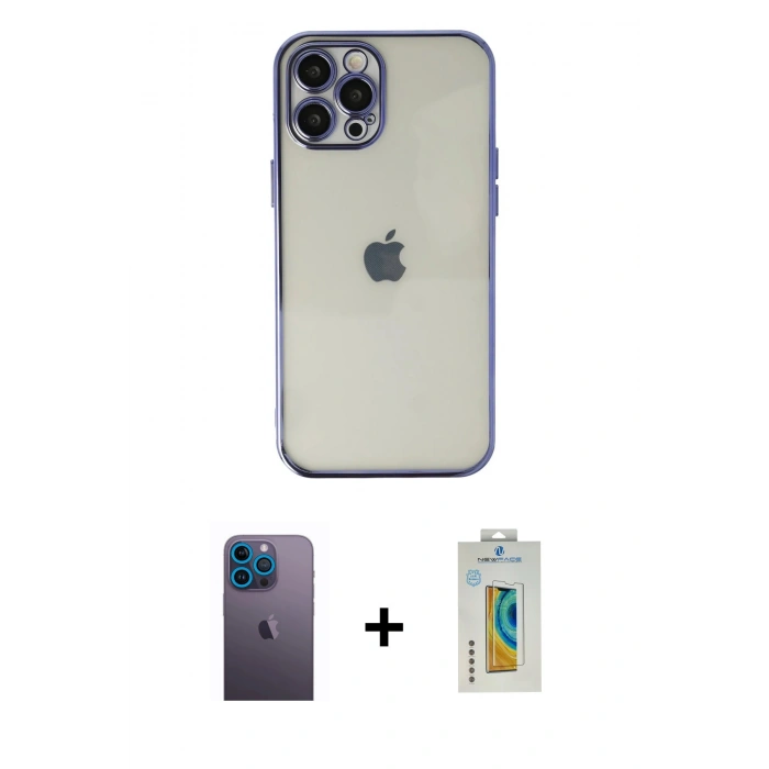 MARSİLYAN™- iPhone 12 Pro Max Kılıf Vadi Minimal - Siyah Polymer Nano Ekran Koruyucu + Mavi Neon Fosforlu Kamera Lens