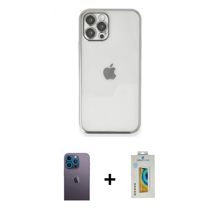 MARSİLYAN™- iPhone 12 Pro Max Kılıf Vadi Minimal - Siyah Polymer Nano Ekran Koruyucu + Mavi Neon Fosforlu Kamera Lens