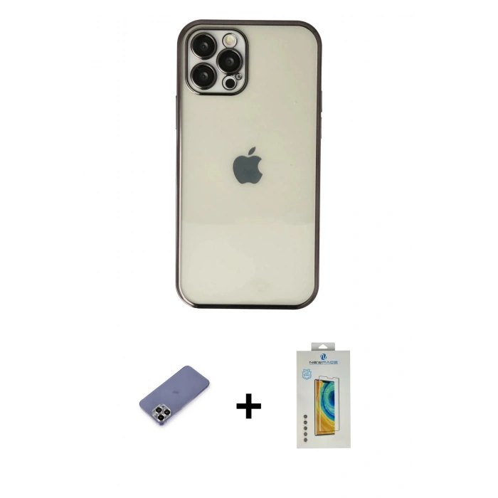 MARSİLYAN™- iPhone 12 Pro Max Kılıf Vadi Minimal - Siyah Polymer Nano Ekran Koruyucu + Metal Kamera Lens Koruma Cam - GD