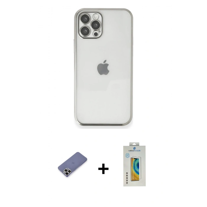 MARSİLYAN™- iPhone 12 Pro Max Kılıf Vadi Minimal - Siyah Polymer Nano Ekran Koruyucu + Metal Kamera Lens Koruma Cam - GD