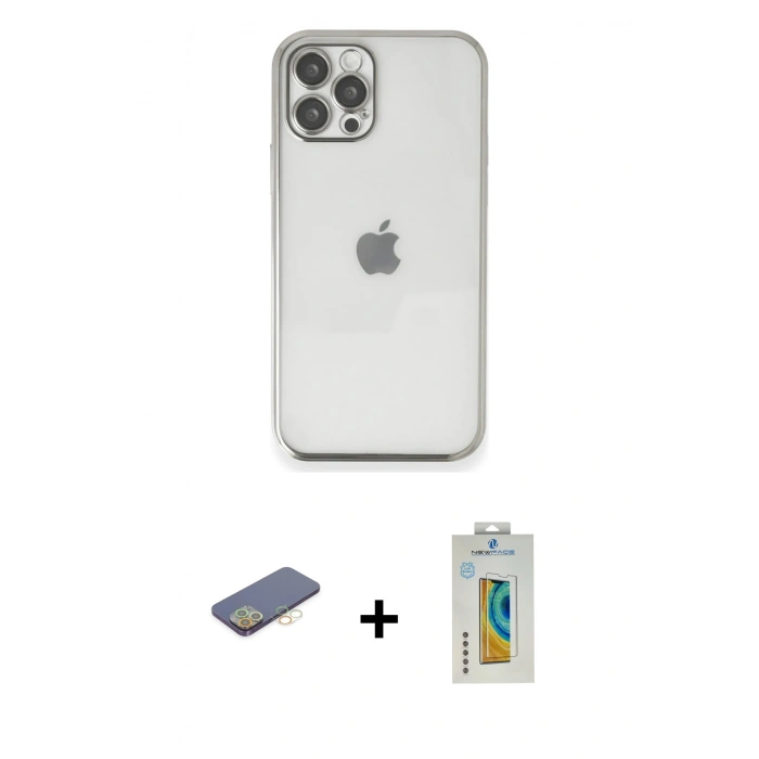 MARSİLYAN™- iPhone 12 Pro Max Kılıf Vadi Minimal - Siyah Polymer Nano Ekran Koruyucu + Renkli Kamera Lens Koruma Cam - SI