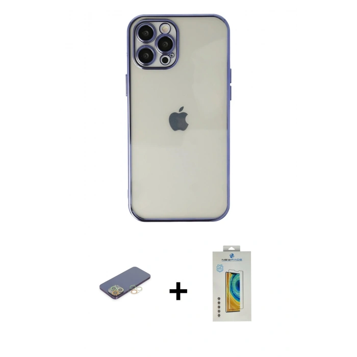 MARSİLYAN™- iPhone 12 Pro Max Kılıf Vadi Minimal - Siyah Polymer Nano Ekran Koruyucu + Renkli Kamera Lens Koruma Cam - SI