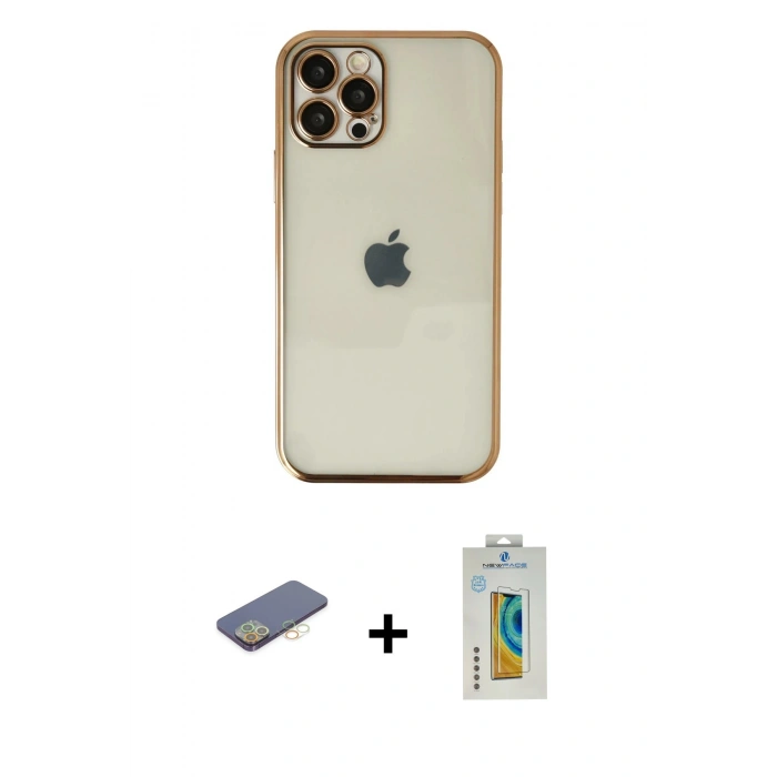 MARSİLYAN™- iPhone 12 Pro Max Kılıf Vadi Minimal - Siyah Polymer Nano Ekran Koruyucu + Renkli Kamera Lens Koruma Cam - SI