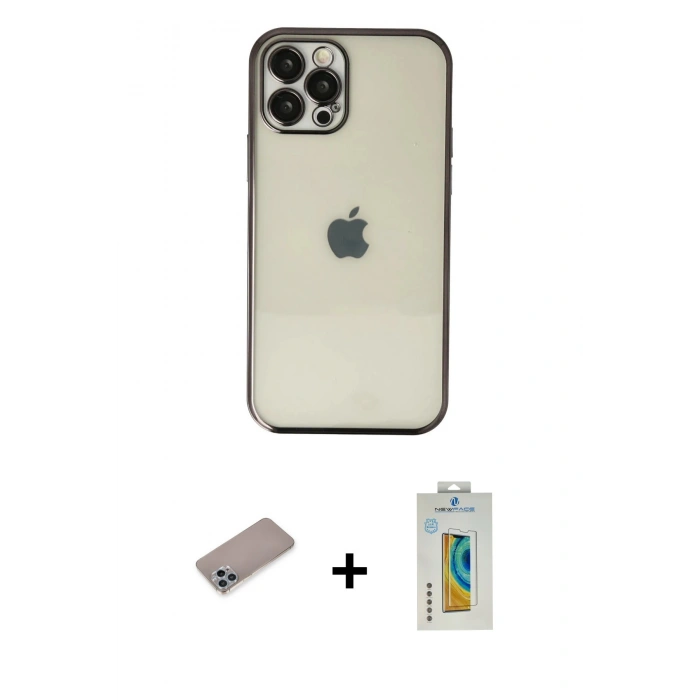 MARSİLYAN™- iPhone 12 Pro Max Kılıf Vadi Minimal - Siyah Polymer Nano Ekran Koruyucu + Shine Kamera Lens Koruma Cam - SABE