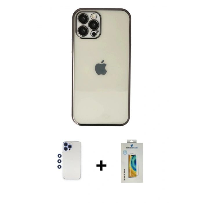 MARSİLYAN™- iPhone 12 Pro Max Kılıf Vadi Minimal - Siyah Polymer Nano Ekran Koruyucu + Shine Kamera Lens - LT