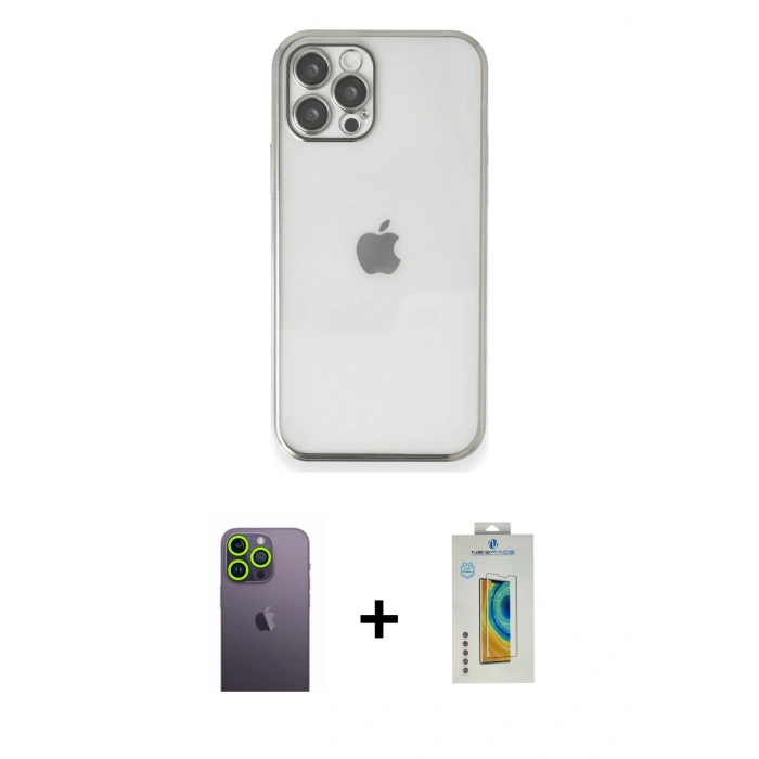 MARSİLYAN™- iPhone 12 Pro Max Kılıf Vadi Minimal - Siyah Polymer Nano Ekran Koruyucu + Neon Fosforlu Kamera Lens - YL