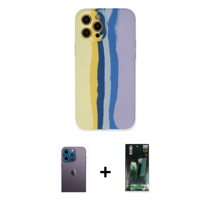 MARSİLYAN™- iPhone 12 Pro Max Kılıf Yadigar Çizgi - Şeffaf 360 Full Body Arka Koruyucu + Mavi Neon Fosforlu Kamera Lens