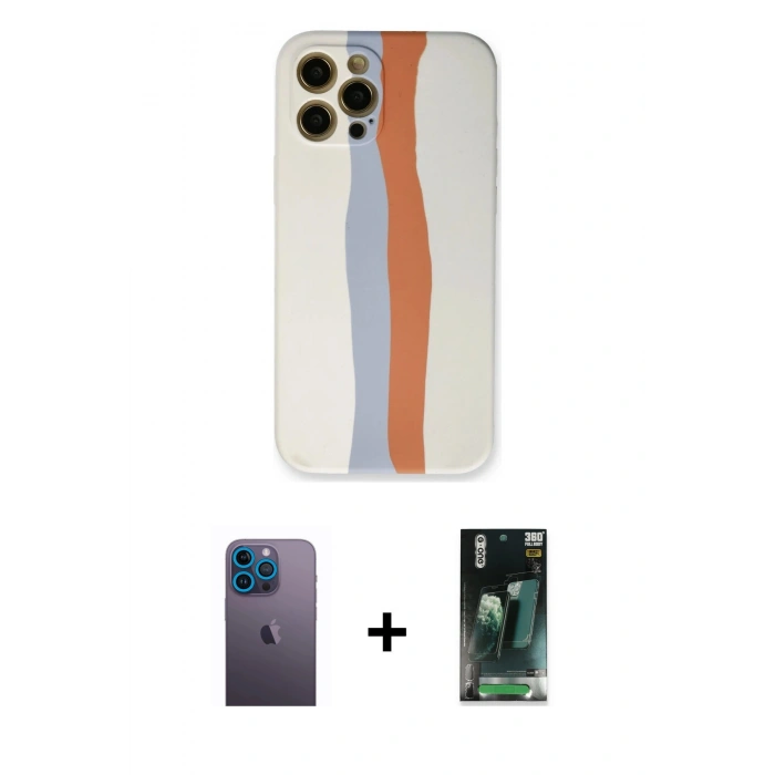 MARSİLYAN™- iPhone 12 Pro Max Kılıf Yadigar Çizgi - Şeffaf 360 Full Body Arka Koruyucu + Mavi Neon Fosforlu Kamera Lens