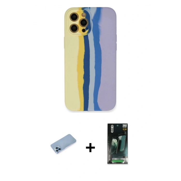 MARSİLYAN™- iPhone 12 Pro Max Kılıf Yadigar Çizgi - Şeffaf 360 Full Body Arka Koruyucu + Mavi Shine Kamera Lens Koruma Cam