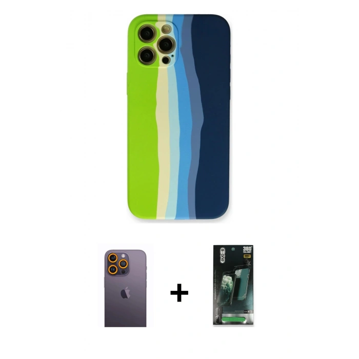 MARSİLYAN™- iPhone 12 Pro Max Kılıf Yadigar Çizgi - Şeffaf 360 Full Body Arka Koruyucu + Neon Fosforlu Kamera Lens - SI