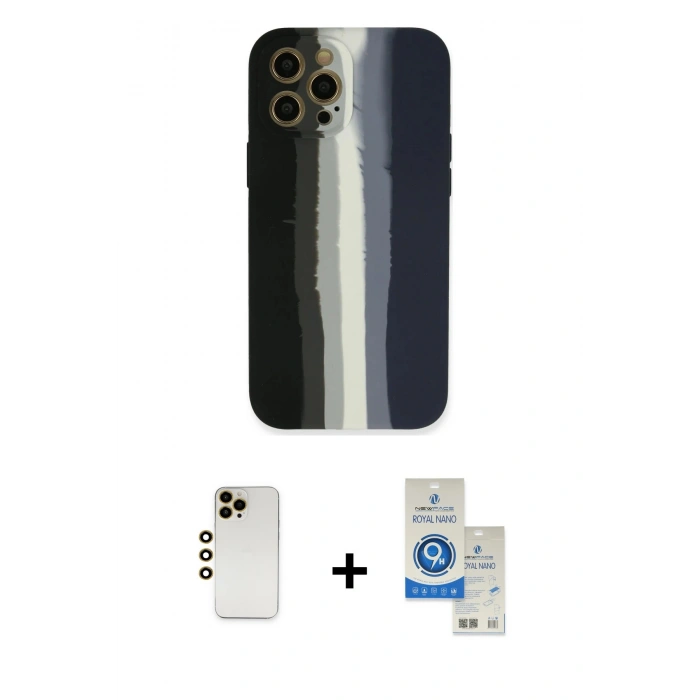 MARSİLYAN™- iPhone 12 Pro Max Kılıf Yadigar Çizgi - Şeffaf Royal Nano Ekran Koruyucu + Gold Shine Kamera Lens