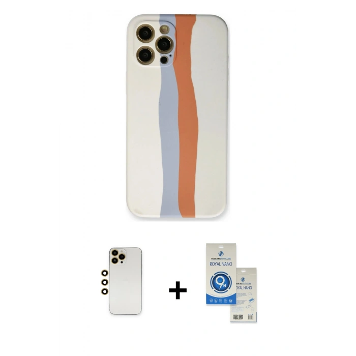 MARSİLYAN™- iPhone 12 Pro Max Kılıf Yadigar Çizgi - Şeffaf Royal Nano Ekran Koruyucu + Gold Shine Kamera Lens