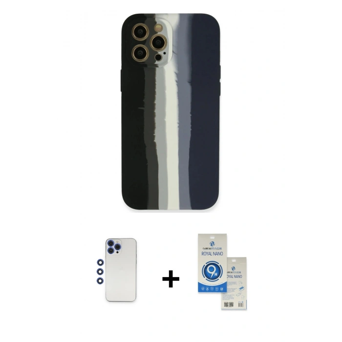 MARSİLYAN™- iPhone 12 Pro Max Kılıf Yadigar Çizgi - Şeffaf Royal Nano Ekran Koruyucu + Shine Kamera Lens - LT