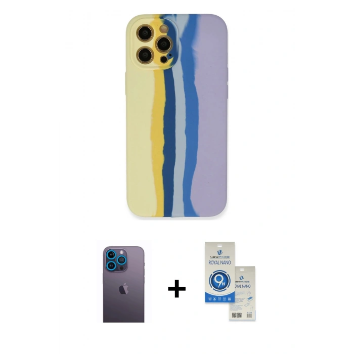 MARSİLYAN™- iPhone 12 Pro Max Kılıf Yadigar Çizgi - Şeffaf Royal Nano Ekran Koruyucu + Neon Fosforlu Kamera Lens - MI